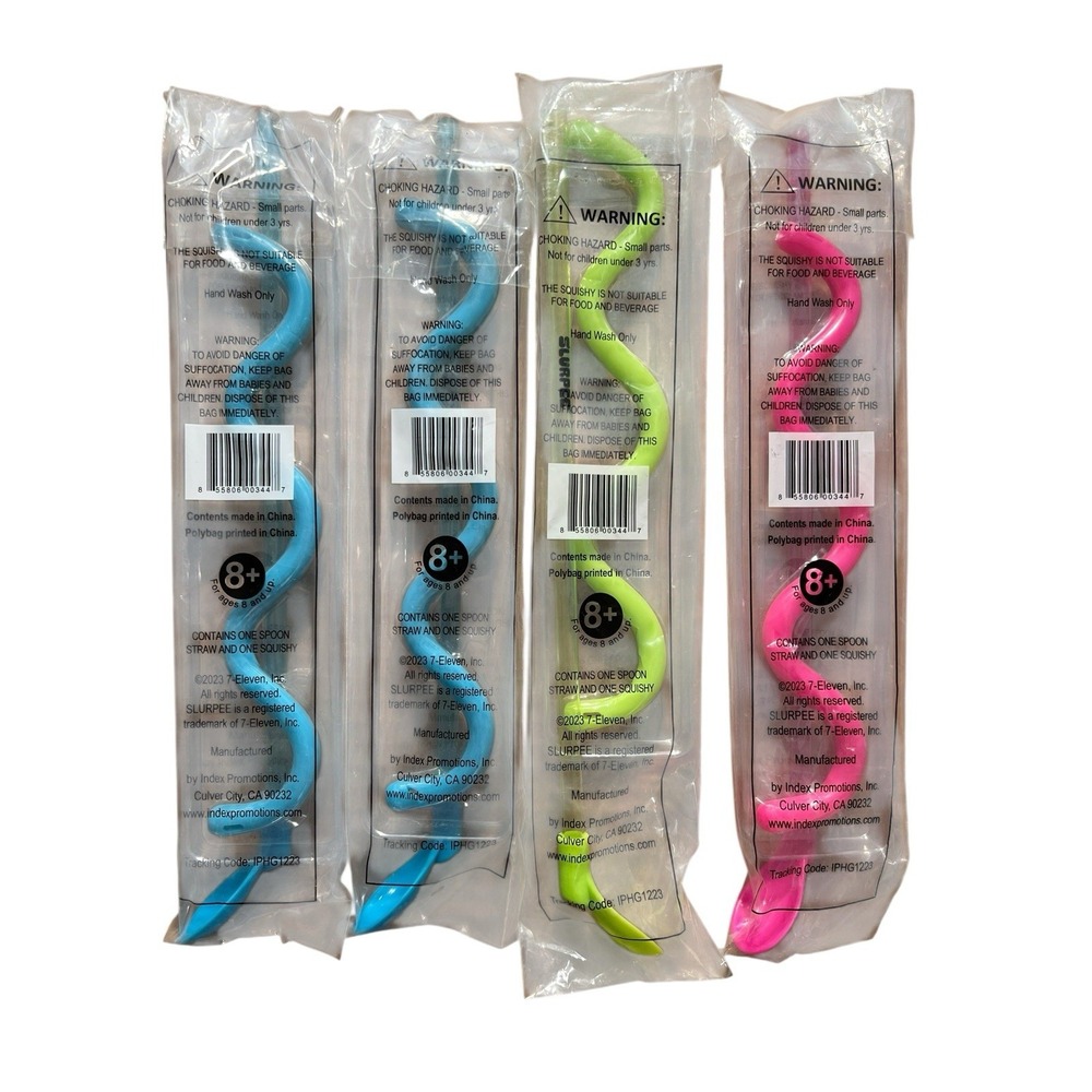 7 ELEVEN 7-11 SET OF 4 SLURPEE STRAWS NEW STRAWS WITH SPOONS And SQUISHY - Picture 2 of 4